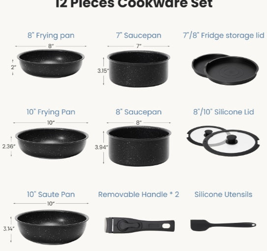 Non-Stick Cookware Set – 12-Piece Granite Pots & Pans with Detachable Handles